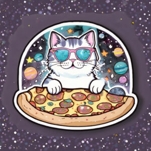 Cosmic Cat on Pizza Ride – Whimsical Space Sticker